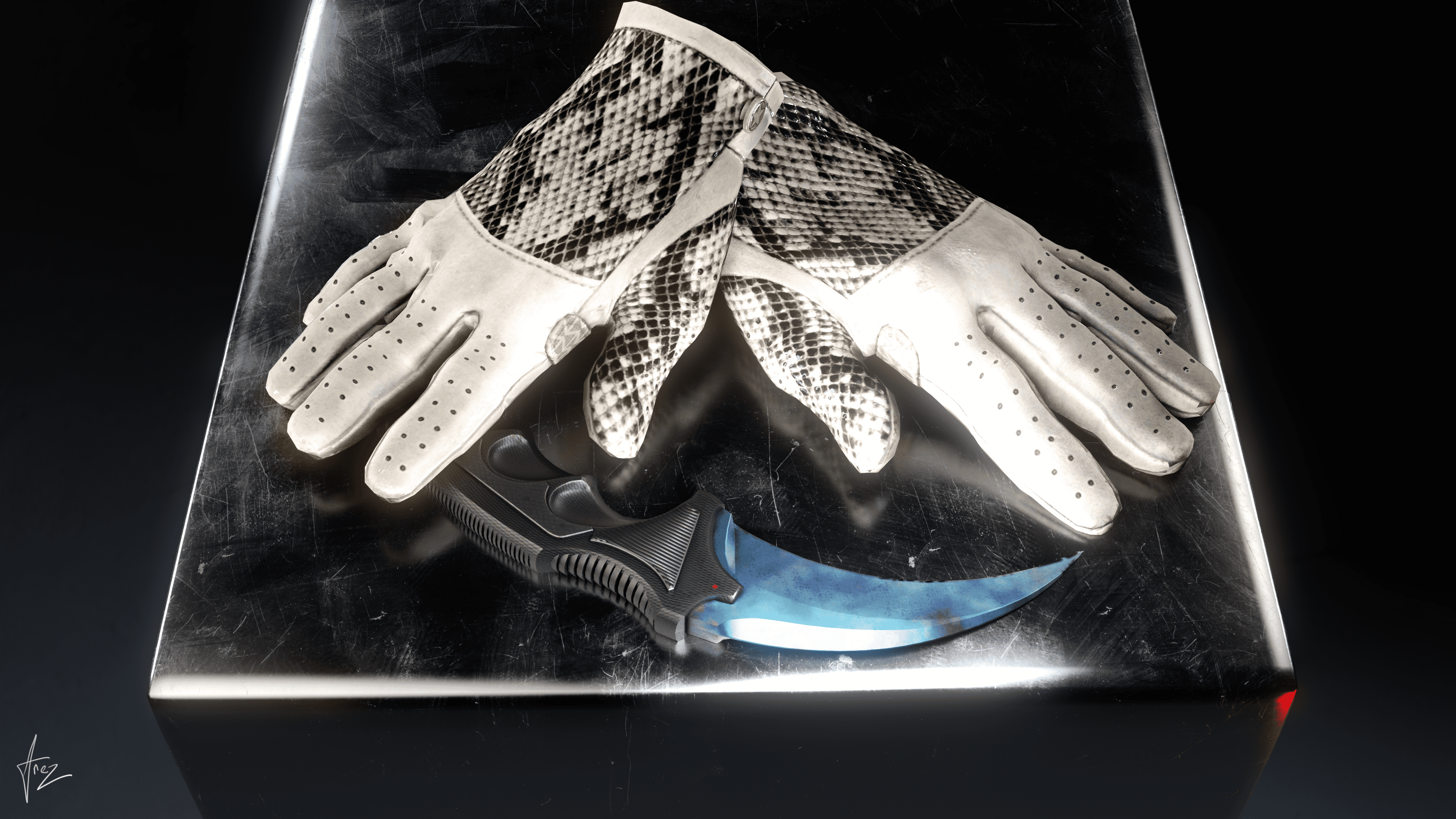 Karambit Blue Gem CH Driver Gloves King Snake Artwork 4k AREZ